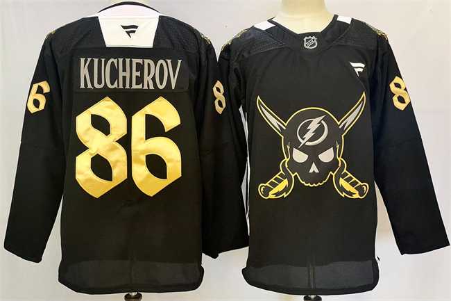 Mens Tampa Bay Lightning #86 Nikita Kucherov 2024-25 Black Gasparilla Inspired Pirate-Themed Warmup Stitched Jersey